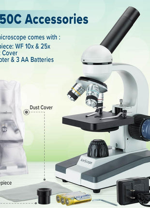 AmScope M150 Series Portable LED Monocular Student Compound Microscope - 40X-1000X Magnification - Microscope Kit Includes Dust Cover, 2 Clips & 2 Eyepieces