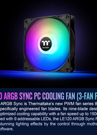 Thermaltake LE120 ARGB PWM Fan (3 Pack), PWM controlled 500~1500 rpm, 5V Motherboard Sync, 16.8 Million Colors 9 Addressable LEDs, Airflow 66.1 CFM, 120mm Hydraulic Bearing, Case Fan, CL-F204-PL12SW-A