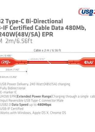 Club 3D CAC-1573 USB2 Type C to Type C Certified Bi-Directional Cable with 240W Charging, 480Mb Data Transmission EPR 2m - 6.56ft