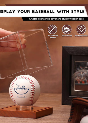 Baseball Display Case - Clear Cube Baseball Holder with Wooden Base, Autograph Stand Box for Single Ball, Acacia Wood, Brown, 1 Pack