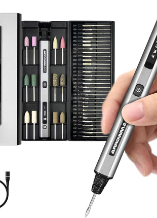 AM ARROWMAX Electric Mini Engraving Pen, HollowCup Motor, 42 Bits with Aluminum Case, OLED, Magnetic Charge, Mini Cordless Rotary Tool, Engraving Pen for Bead, Metal, Wood, Glass and Plastic (SGS)