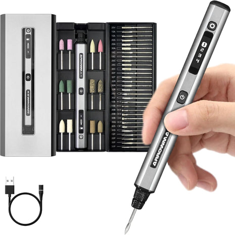 AM ARROWMAX Electric Mini Engraving Pen, HollowCup Motor, 42 Bits with Aluminum Case, OLED, Magnetic Charge, Mini Cordless Rotary Tool, Engraving Pen for Bead, Metal, Wood, Glass and Plastic (SGS)