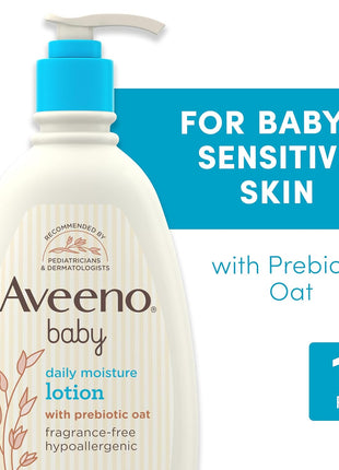 Aveeno Baby Daily Moisture Body Lotion for Sensitive Skin, Hypoallergenic Moisturizing Baby Lotion with Nourishing Oatmeal to Deeply Moisturize Baby's Skin, Fragrance-Free, 18 fl. oz