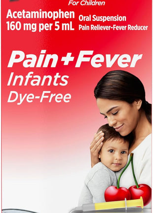 Infants' Tylenol Liquid Pain Relief and Fever Medicine, Oral Suspension, Dye Free Acetaminophen for Sore Throat, Headache & Teething, Fever Reducer for Kids; Cherry Flavor, 2 fl. oz.; Pack of 1