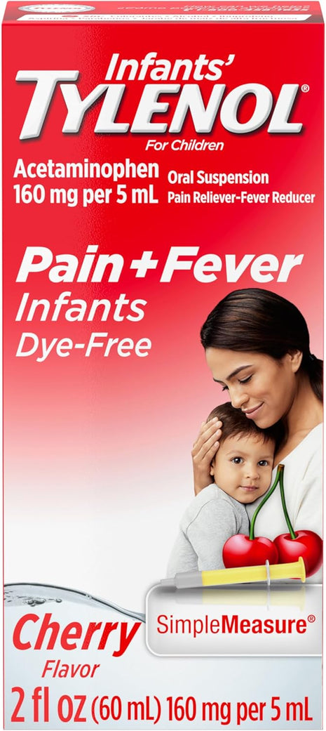Infants' Tylenol Liquid Pain Relief and Fever Medicine, Oral Suspension, Dye Free Acetaminophen for Sore Throat, Headache & Teething, Fever Reducer for Kids; Cherry Flavor, 2 fl. oz.; Pack of 1