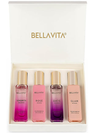 Bellavita Luxury Women's Perfume Gift Set with Rose, Senorita, Date, Glam | Long-lasting women's perfume gift set with Rose, Senorita, Date & Glam Eau de Parfum for every occasion.