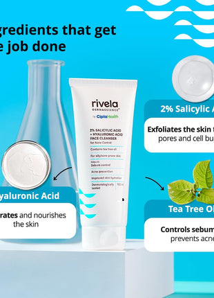 Rivela Dermascience Acne Control Face Wash By Cipla | For Oily Skin | With 2% Salicylic Acid | Contains Tea Tree Oil | Improves Skin Hydration | Controls Sebum | 100 ml