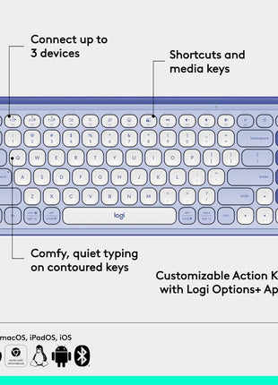 Logitech POP ICON Keys Wireless Bluetooth Keyboard - Lilac and Off-White | Comfortable typing, programmable keys, easy-switch between up to 3 devices, for laptop, tablet, PC