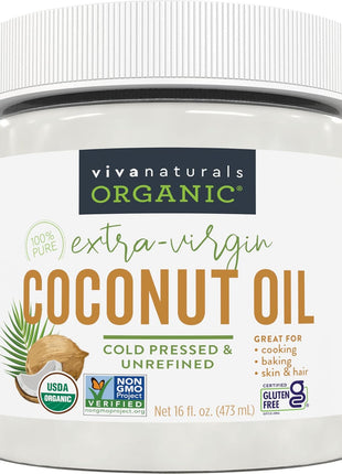 Viva Naturals Organic Coconut Oil, 16 fl oz – Unrefined, Cold-Pressed Extra Virgin Coconut Oil, USDA Organic & Non-GMO, Natural Cooking Oil, Hair Oil & Skin Oil