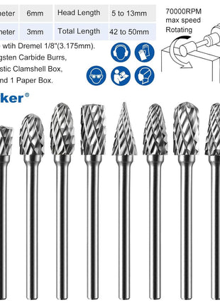 Sworker 10 Pcs Carbide Burr Set 1/8" Shank Compatible with Dremel Milwaukee Bits Rotary Tools Attachment Kit Rasp Drill File Accessories Metal Wood Stone Steel Grinding Carving Cutting Polishing