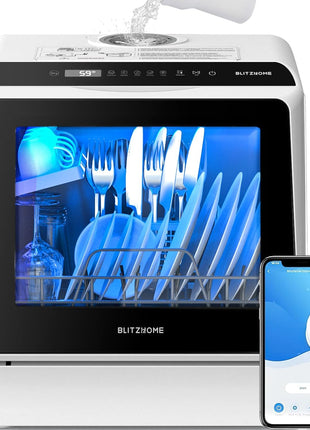 BLITZHOME Portable Dishwasher Countertop, WIFI Smart Dishwasher, Compact Dishwashers with 5L Built-in Water Tank, 6 Programs, 360° Dual Spray, High-Temp& Air-Dry Function, Fruit Cleaning