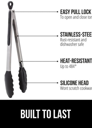 GORILLA GRIP Stainless Steel Heat Resistant Kitchen Tongs for Cooking, Set of 2 BBQ Tong, Non Scratch Silicone Tip for Pans, Strong Grip, Grab Food, Toss Salad, Air Fryer, Pull Lock, 7 + 9 Inch, Black