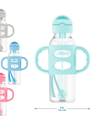 Dr. Brown's Milestones Narrow Sippy Straw Bottle, Spill-Proof with 100% Silicone Handles and Weighted Straw, 8 oz/250 mL, Blue/Gray, 6m+