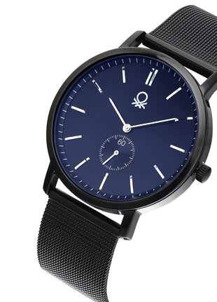 United Colors of Benetton Signature Analog Watch for Man with Blue Round Dial & Black Stainless Steel Mesh Bracelet Band Water Resistant Men's Wrist Watches - UWUCG2301