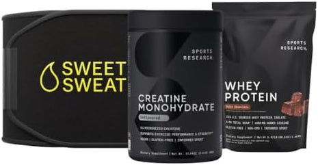 Sports Researchｮ Training Performance Pack - Creatine Monohydrate, Dutch Chocolate Whey Protein and Sweet Sweat Waist Trimmer (Black/Yellow, Small)