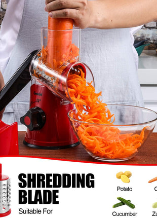 Geedel Rotary Cheese Grater, Kitchen Mandoline Vegetable Slicer with 3 Interchangeable Blades, Easy to Clean Grater for Fruit, Vegetables, Nuts
