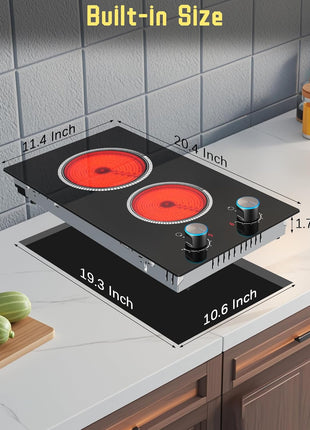2 Burner Electric Cooktop 110V, Knob 12 Inch Electric Stove Top | 120V Stove Top Burner Knob Control, 2000W Countertop Stove, Timer, 9 Heating Levels, Overheat Protection, High-Temp Alarm