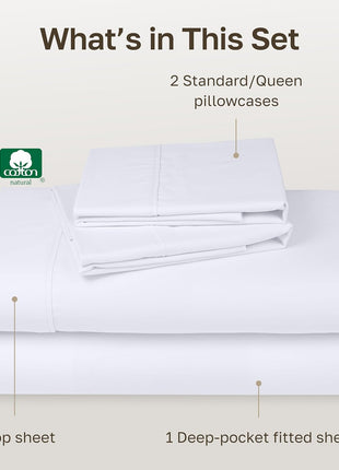 California Design Den Soft 100% Cotton Sateen Queen Bed Sheets Set, White | 400 Thread Count Backed by Good Housekeeping Seal, 16" Deep Pocket, All-Around Elastic, Durable, Easy Care