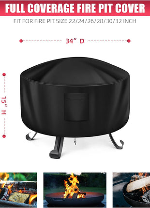 WLEAFJ Fire Pit Cover - Round, 22-34 Inch, Heavy Duty Oxford Fabric, Waterproof