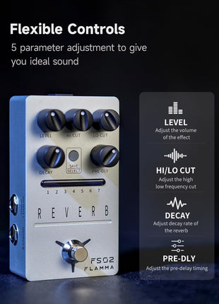 FLAMMA FS02 Reverb Pedal Stereo Guitar Effects with 7 Storable Preset Slots 7 Reverb Effects Room Hall Church Cave Plate Spring Mod True Bypass Trail On