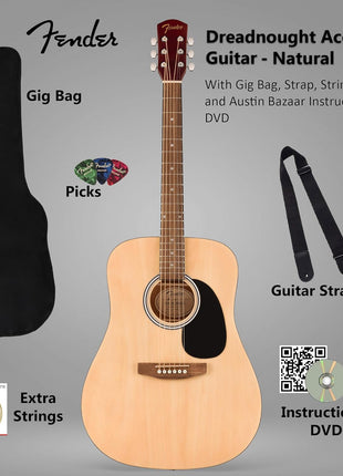 Fender Dreadnought Acoustic Guitar   Natural Bundle with Gig Bag, Strap, Strings, Picks, and Austin Bazaar Instructional Video