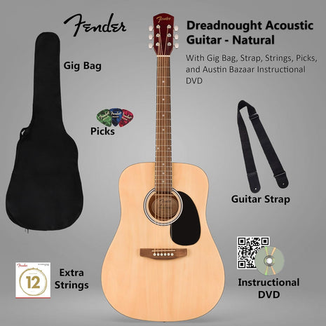 Fender Dreadnought Acoustic Guitar   Natural Bundle with Gig Bag, Strap, Strings, Picks, and Austin Bazaar Instructional Video