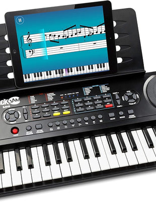 RockJam 49 Key Keyboard Piano with Power Supply, Sheet Music Stand, Piano Note Stickers & Simply Piano Lessons, Black