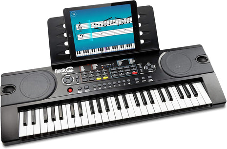 RockJam 49 Key Keyboard Piano with Power Supply, Sheet Music Stand, Piano Note Stickers & Simply Piano Lessons, Black