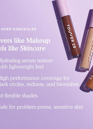 Tower 28 Swipe Serum Concealer - Hydrating Medium-Full Coverage Concealer + Under Eye Brightener - Skin Care Infused Makeup with Hyaluronic Acid + Soothing Centella - 4.0 Light/Medium Cool (0.22 oz)
