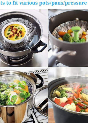 Consevisen Vegetable Steamer Basket for Cooking Food, Stainless Steel Veggie Steam Basket for Pot, Folding Expandable Steaming Insert with Extendable Handle Fits Various Size Pot, 5.1 inch to 9 inch