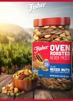 Fisher Oven Roasted Never Fried Deluxe Mixed Nuts, 24 Ounces | Pack Of 1, Almonds, Cashews, Pecans, Pistachios, Healthy Snacks For Adults, Made With Sea Salt, No Added Oil, Gluten Free
