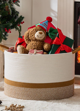 KAKAMAY Large Blanket Basket with Handles, Storage Basket for Living Room | Extra Large Capacity | Blanket Storage | Laundry Basket | Natural Cotton Rope | Stuffed Animal Storage | Woven Storage Basket