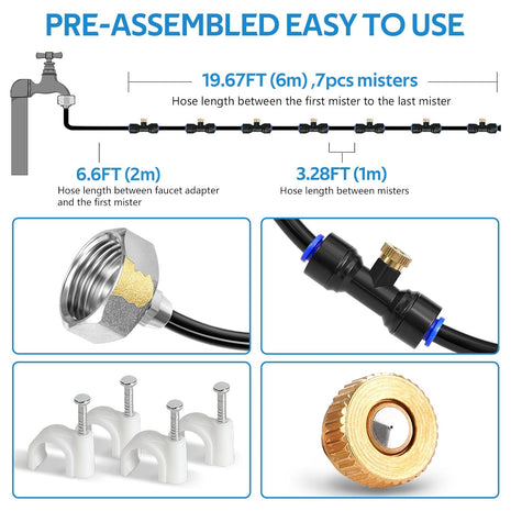 HOMENOTE Misting Cooling System, 26FT (8M) Misting Line + 7 Brass Mist Nozzles + Brass Adapter(3/4 inch) Outdoor Mister for Patio Backyard Garden Greenhouse