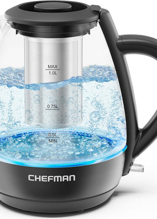 Chefman Electric Kettle with Tea Infuser, 1L 1500W, Removable Lid for Easy Cleaning, Boil Dry Protection, Stainless Steel Filter, BPA Free, Auto Shut Off Hot Water Boiler, Small Electric Tea Kettle