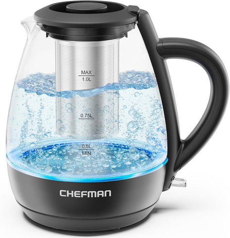 Chefman Electric Kettle with Tea Infuser, 1L 1500W, Removable Lid for Easy Cleaning, Boil Dry Protection, Stainless Steel Filter, BPA Free, Auto Shut Off Hot Water Boiler, Small Electric Tea Kettle