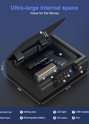 Biometric Gun Safe for Pistols 3-Ways unlock Fingerprint Digital PIN Key Unlock Handgun Safe with Sound, Lock box for Cloakroom living room Bedroom Nightstand and Car BILLCONCH