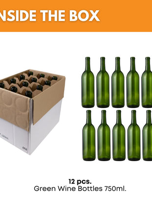 FastRack Green wine bottles 750ml, 12-Pack W5 Bordeaux - NO CORKS INCLUDED | Food-grade green wine bottles empty for winemaking, mead and liquor storage | Accepts #8 or #9 corks | Empty wine bottles