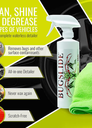 BugSlide 16 Oz Shop Kit Cleaner and Polisher with Microfiber Towel, Tree Sap Remover, Waterless Detailer for Removing Bugs Without Scratching, Shining and Degreasing All Surfaces
