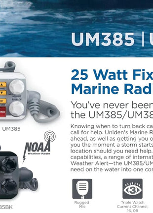 Uniden UM385 25 Watt Fixed Mount Marine Vhf Radio, Waterproof IPX4 with Triple Watch, Dsc, Emergency/Noaa Weather Alert, All Usa/International/Canadian Marine Channels, Memory Channel Scan, White