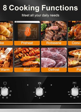 Wall Ovens 24 inch Electric,Built-in Single Wall Ovens, Convection Wall Oven with Rotisserie, 8 Cooking Functions,2900W,240V,2.15Cu.f Mechanical Knobs Control, Black Tempered Glass Finish