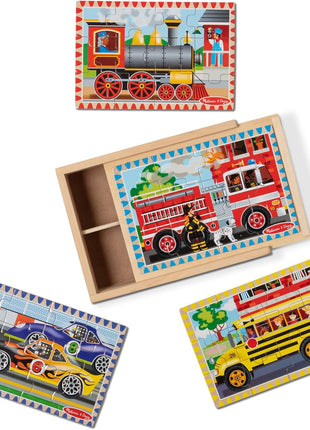Melissa & Doug 4‐in‐1 Wooden Vehicle Jigsaw Puzzle Set, 48 Pieces with Storage Box, Toddler Puzzle Toy for Kids Ages 3+- FSC Certified