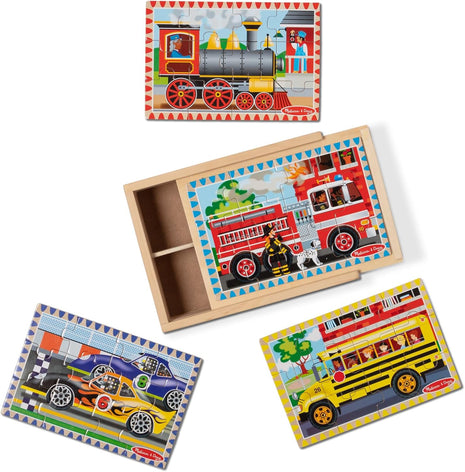 Melissa & Doug 4‐in‐1 Wooden Vehicle Jigsaw Puzzle Set, 48 Pieces with Storage Box, Toddler Puzzle Toy for Kids Ages 3+- FSC Certified