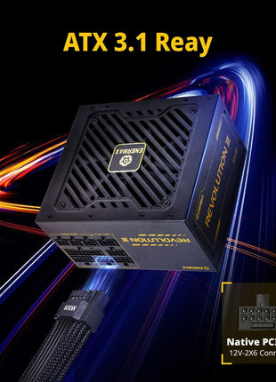 ENERMAX Revolution III 850 - Fully Modular PC Power Supply - 850 Watts - 80 Plus Gold - 600W 12V-2x6 Connector - 100% Japanese Capacitors - Sleeved Cables - 10 Year Warranty