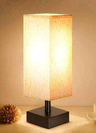aooshine Small Bedside Table Lamp for Bedroom - Square Cream Fabric Shade | Inline Rocker Switch, Corded Electric, Bulb Not Included, 12.8" Mini Table Lamp for Nightstand, Desk, Dorm, Office