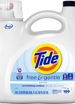 Tide Free & Gentle Liquid Laundry Detergent, 100 Loads, 132 fl oz, Tide Laundry Detergent, Clean Laundry Detergent (Packaging May Vary)