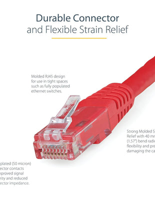 StarTech 50ft CAT6 Ethernet Cable - Red CAT 6 Gigabit Ethernet Wire -250Mhz 100W PoE RJ45 UTP Molded Network Patch Cord with Strain Relief (C6PATCH50RD)