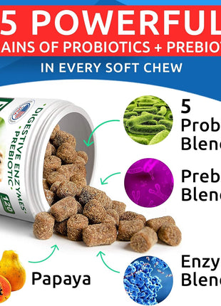 Dog Probiotics Chews Bundle - Gas, Diarrhea, Allergy, Constipation, Upset Stomach Relief, with Digestive Enzymes + Prebiotics - Chewable Fiber Supplement - Improve Digestion, Immunity - 300 Soft Chews