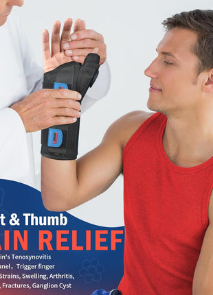 FEATOL Carpal Tunnel Wrist Brace Night Support, Thumb Spica Splint Right Hand for De Quervains Tenosynovitis, Tendonitis, Thumb Brace for Women Men, Black Blue, Small/Medium