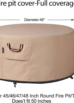 QH.HOME Fire Pit Cover Round-45-48 Inch Heavy Duty 900D Strong Tear-Resistant and UV Resistant and Waterproof and Fading Resistant Material Polyester Firepit Covers Round for Outdoor Fire Pit-Wheat