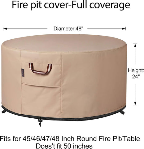 QH.HOME Fire Pit Cover Round-45-48 Inch Heavy Duty 900D Strong Tear-Resistant and UV Resistant and Waterproof and Fading Resistant Material Polyester Firepit Covers Round for Outdoor Fire Pit-Wheat